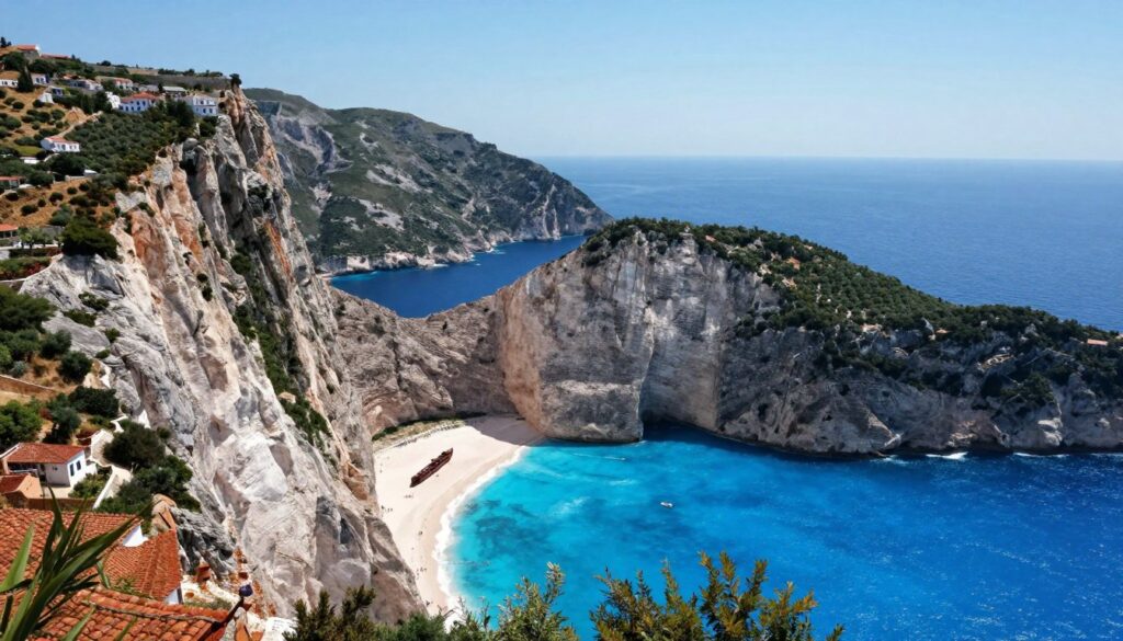 Aerial view of Zakynthos Island, showcasing its diverse geography with dramatic cliffs, lush greenery, and the vibrant blue of the Ionian Sea. In the foreground, emphasize the iconic Navagio Beach with its shipwreck, bordered by steep, rugged cliffs. The middle ground should feature rolling hills dotted with olive groves and terracotta-roofed houses, while the background reveals distant mountains under a clear blue sky. The lighting is bright and sunny, casting soft shadows that highlight the island's natural beauty. Use a wide-angle lens to capture the expansive view, creating a sense of depth. The overall mood is serene and inviting, reflecting the charm of a summer getaway in Greece. Aerial view of Zakynthos Island, showcasing its diverse geography with dramatic cliffs, lush greenery, and the vibrant blue of the Ionian Sea. In the foreground, emphasize the iconic Navagio Beach with its shipwreck, bordered by steep, rugged cliffs. The middle ground should feature rolling hills dotted with olive groves and terracotta-roofed houses, while the background reveals distant mountains under a clear blue sky. The lighting is bright and sunny, casting soft shadows that highlight the island's natural beauty. Use a wide-angle lens to capture the expansive view, creating a sense of depth. The overall mood is serene and inviting, reflecting the charm of a summer getaway in Greece.