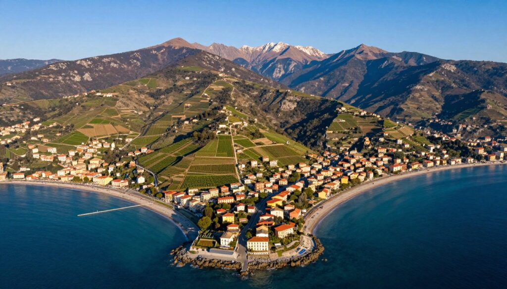 Aerial view of the Apennine Peninsula, showcasing its distinctive shape that resembles a spine running down central Italy. In the foreground, vibrant coastal towns with colorful buildings are nestled along picturesque beaches, surrounded by lush greenery. The middle ground features rolling hills and vineyards that highlight the region’s agricultural importance. In the background, the majestic Apennine mountain range looms, its peaks capped with a hint of snow, under a bright blue sky. Soft sunlight bathes the scene, creating a warm and inviting atmosphere. The image is composed from a high perspective, capturing the dramatic coastline juxtaposed against the rugged mountains, providing a clear understanding of the peninsula’s geographic significance in Europe.