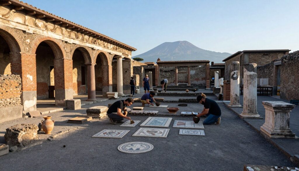 An archaeological site revealing the ruins of Pompeii, scattered with ash and remnants of ancient structures. In the foreground, partially excavated stone walls and columns show intricate Roman architecture, highlighting details like arches and weathered inscriptions. Middle ground features archaeologists in modest casual clothing, diligently working to uncover artifacts, using brushes and tools, while examining pottery and mosaics. The background presents the silhouette of Mount Vesuvius under a clear blue sky, casting soft afternoon light that enhances the textures of the ash-covered ground. The atmosphere is one of discovery and reverence, with gentle shadows adding depth and a sense of history to the scene. The image captures a moment of connection between the past and present, inviting viewers to appreciate the significance of this ancient site. An archaeological site revealing the ruins of Pompeii, scattered with ash and remnants of ancient structures. In the foreground, partially excavated stone walls and columns show intricate Roman architecture, highlighting details like arches and weathered inscriptions. Middle ground features archaeologists in modest casual clothing, diligently working to uncover artifacts, using brushes and tools, while examining pottery and mosaics. The background presents the silhouette of Mount Vesuvius under a clear blue sky, casting soft afternoon light that enhances the textures of the ash-covered ground. The atmosphere is one of discovery and reverence, with gentle shadows adding depth and a sense of history to the scene. The image captures a moment of connection between the past and present, inviting viewers to appreciate the significance of this ancient site.