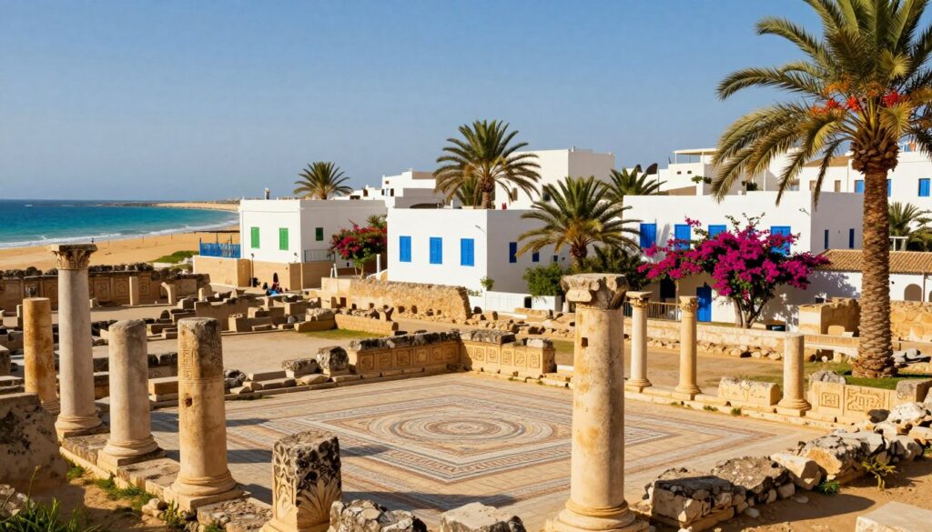An artistic representation of Djerba Island, capturing its rich history from ancient times to the present. The foreground features remnants of ancient ruins, such as columns and mosaics, suggesting a blend of Roman and Islamic architectural styles. The middle ground showcases traditional whitewashed houses with blue shutters, surrounded by lush palm trees and vibrant bougainvillea. In the background, a serene coastline with golden sands and turquoise waters, under a clear blue sky. The lighting is warm and inviting, evoking a sense of nostalgia. The scene is vibrant yet tranquil, reflecting a harmonious blend of cultures and eras, with soft shadows to enhance depth and dimension. An artistic representation of Djerba Island, capturing its rich history from ancient times to the present. The foreground features remnants of ancient ruins, such as columns and mosaics, suggesting a blend of Roman and Islamic architectural styles. The middle ground showcases traditional whitewashed houses with blue shutters, surrounded by lush palm trees and vibrant bougainvillea. In the background, a serene coastline with golden sands and turquoise waters, under a clear blue sky. The lighting is warm and inviting, evoking a sense of nostalgia. The scene is vibrant yet tranquil, reflecting a harmonious blend of cultures and eras, with soft shadows to enhance depth and dimension.