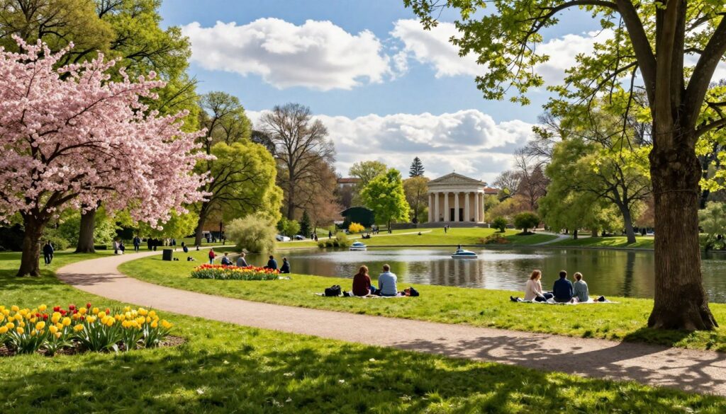 Lush greenery dominates the scene of the Englischer Garten in Munich, featuring vibrant patches of blooming flowers and sprawling grass areas. In the foreground, a serene pathway winds through the park, lined with blooming cherry blossoms and tall trees providing dappled sunlight. In the middle ground, a picturesque lake reflects the blue sky and fluffy clouds, where people enjoy leisurely activities such as boating or picnicking, dressed in casual yet modest attire. In the background, the iconic Monopteros, a classical temple structure, stands elegantly amidst the lush landscape, framed by well-groomed lawns and dense greenery. Soft sunlight casts a warm glow, creating a tranquil and inviting atmosphere, perfect for relaxation and nature appreciation, shot with a wide-angle lens to capture the expansive beauty of this urban oasis. Lush greenery dominates the scene of the Englischer Garten in Munich, featuring vibrant patches of blooming flowers and sprawling grass areas. In the foreground, a serene pathway winds through the park, lined with blooming cherry blossoms and tall trees providing dappled sunlight. In the middle ground, a picturesque lake reflects the blue sky and fluffy clouds, where people enjoy leisurely activities such as boating or picnicking, dressed in casual yet modest attire. In the background, the iconic Monopteros, a classical temple structure, stands elegantly amidst the lush landscape, framed by well-groomed lawns and dense greenery. Soft sunlight casts a warm glow, creating a tranquil and inviting atmosphere, perfect for relaxation and nature appreciation, shot with a wide-angle lens to capture the expansive beauty of this urban oasis.