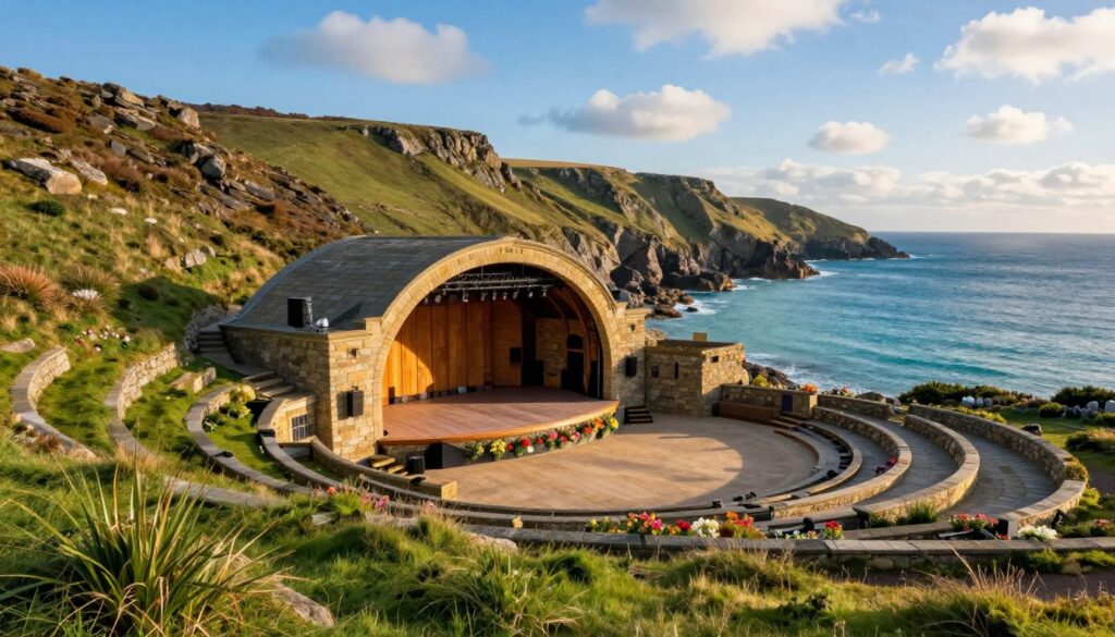 Minack Theatre, an iconic cliffside venue in Cornwall, set against the breathtaking backdrop of rugged coastline and turquoise sea. In the foreground, lush green grass leads to the stone steps of the amphitheater, elegantly curving towards the stage adorned with colorful flowers. In the middle ground, the vibrant blue of the ocean contrasts with the warm tones of the sandstone structure, reflecting the afternoon sun. The background features dramatic cliffs rising steeply, crowned with wild coastal plants under a clear blue sky dotted with soft white clouds. The atmosphere is serene yet vibrant, capturing the essence of artistic performance in a natural paradise. The scene is lit with soft, golden sunlight, creating inviting shadows and enhancing the textures of the theatre’s architecture, viewed from a slightly elevated angle for a dramatic perspective.