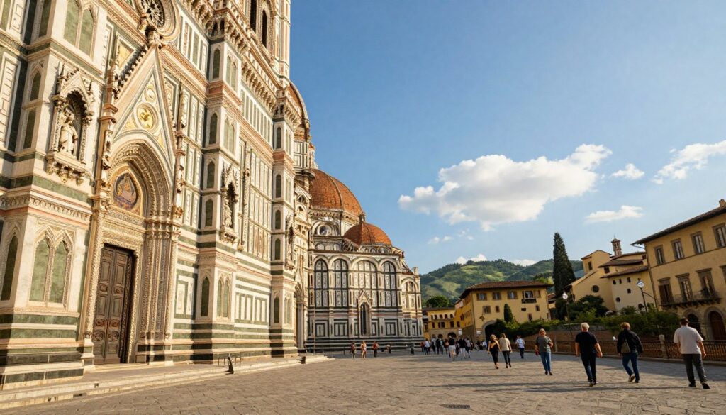 The Basilica of Santa Croce in Florence, Italy, depicted in a vibrant, sunlit scene. In the foreground, the intricate details of the basilica's façade, showcasing its Gothic architecture, with ornate sculptures and colorful marble patterns. The middle ground features a peaceful piazza, adorned with people in modest casual clothing admiring the building and strolling. In the background, the lush Tuscan hills rise gently, bathed in warm afternoon light, giving a sense of tranquility. The sky is a brilliant blue with a few fluffy clouds. The composition is captured using a wide-angle lens for a grand perspective, with soft shadows enhancing the texture and depth of the scene, conveying a warm and inviting atmosphere that reflects the historical significance of the site.